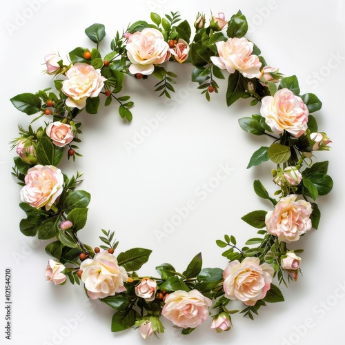 A circular wreath featuring pink roses and green leaves arranged beautifully on a plain white backdrop © priska
