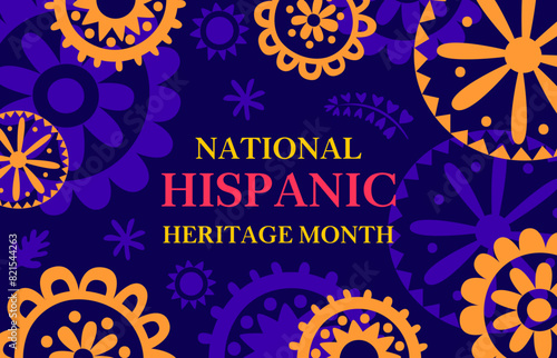 National hispanic heritage month festival banner with decorative floral patterns. Mexican and hispanic americans culture commemoration holiday flyer with vector background of latino ethnic ornaments