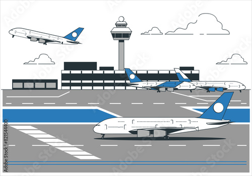 Plane before takeoff. Airport control tower, jetway, terminal building and parking area. Cityscape. Sky with clouds. Vector illustration. Airport transport system picture. Plane taking off. 