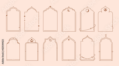 Ramadan boho arch frames. Islamic linear window and door shapes, arabian mosque interior elements. Isolated vector set of arab arcs or portals. Elegant architecture for Muslim Eid Mubarak holiday