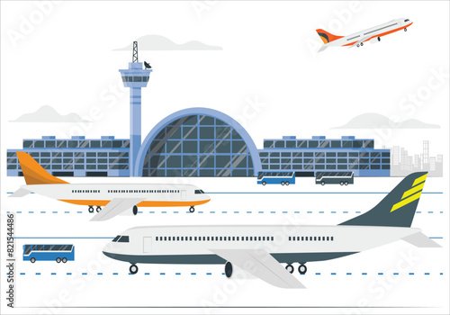 Airport Terminal building and airplanes on runway, city landscape on background, vector illustration. Airport Terminal building with aircraft taking off. Vector airport landscape. 