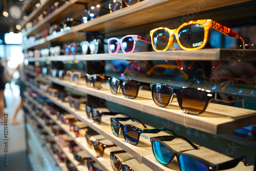 A display of sunglasses with a variety of colors and styles photo