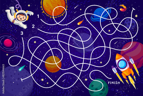 Galaxy labyrinth maze game, help to kid astronaut find his spaceship, vector worksheet. Space maze labyrinth game with kid spaceman in galaxy finding way to rocket shuttle in starry sky