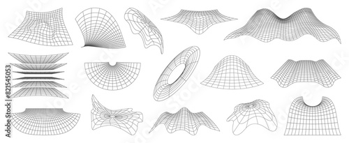 Wireframe grid mesh or futuristic net in 3D perspective, vector geometric shapes. Wireframe elements of distorted terrain with wave line wire warp, retrowave cyber gravity net with grid mesh pattern