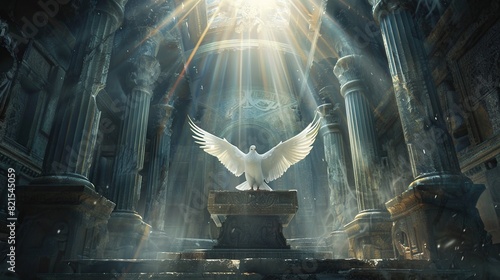 A white dove perches on a stone pedestal in the room. Peace and tranquility concept.