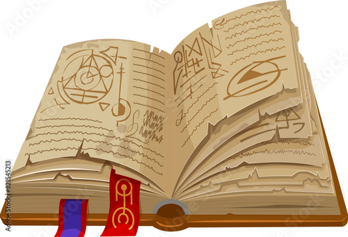 Game book, isolated cartoon vector fantasy witchcraft or wicca grimoire. Opened magic tome with rugged pages, bookmarks and pages adorned with ancient symbols and spells, inviting alchemy exploration