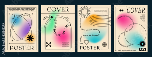 Aesthetic gradient y2k posters with abstract blurred shapes, line frames and elements. Vector trendy graphics of outline star, heart, sun and sparkle, arch and circle on pastel gradient background set