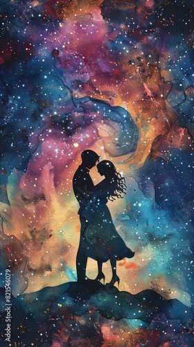 Craft a dreamy  watercolor-infused scene of a romantic embrace under a starlit space sky  with ethereal hues and swirling galaxies