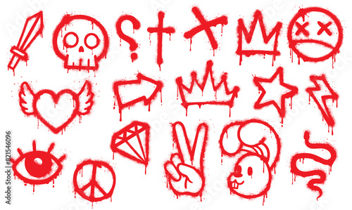 Graffiti red spray paint, grunge element. Vector set of street art style icons and rebellious symbols. Skull, cross, crown, peace sign, and heart with wings, sword, star, rabbit or diamond, eye, flash