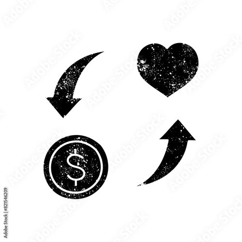 Coin and heart shape and rotating arrows black hand drawn icon in grunge look