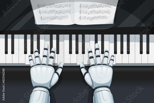 Robot piano musician, machine learning. Realistic 3d vector cyborg hands on the piano keys top view. Artificial intelligence music, neural network musical technologies, futuristic robotics composer