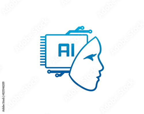 Artificial Intelligence icon, machine learning symbol of AI head with brain chipset, vector emblem. Artificial Intelligence and digital mind technology icon of AI head with computer chip of innovation