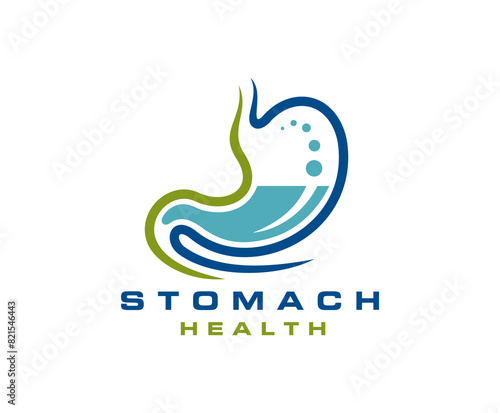 Stomach icon, health care and gastroenterology medicine vector symbol. Stomach with gut and bowel parts of digestive system isolated medical sign. Healthy organs of gastrointestinal tract with bubbles