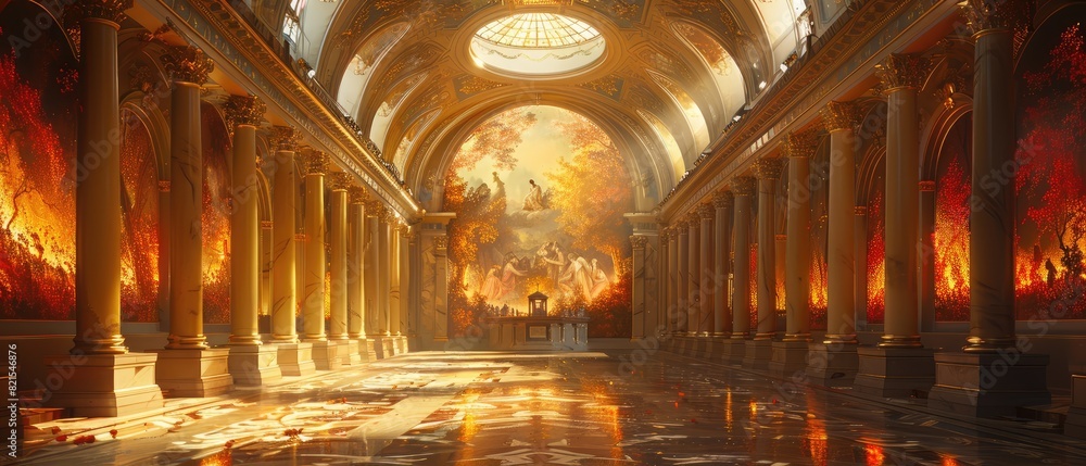 Obraz premium A cloud of fire encircles a huge, golden edifice with a dome on top. It appears that the orange and yellow flames is emanating from the building. The scene is powerful and highly dramatic.