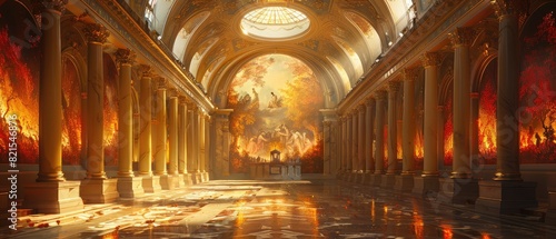 A cloud of fire encircles a huge  golden edifice with a dome on top. It appears that the orange and yellow flames is emanating from the building. The scene is powerful and highly dramatic.