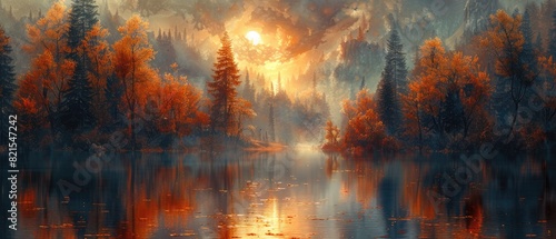 beautiful oil panting landscape of lake with sun and red trees