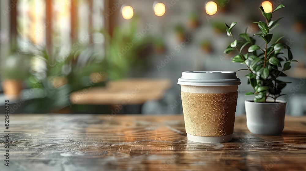 Blank paper coffee cup mockup on wooden table with space for text Blank paper coffee cup mockup on wooden table with space for text