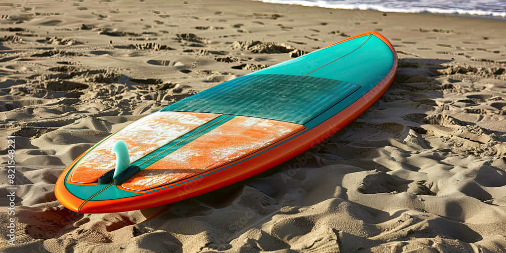 Orange and teal surfboard: A surfboard with an orange bottom and teal top rests on the sand, waiting for its next ride on the waves Orange and teal surfboard: A surfboard with an orange bottom and teal top rests on the sand, waiting for its next ride on the waves