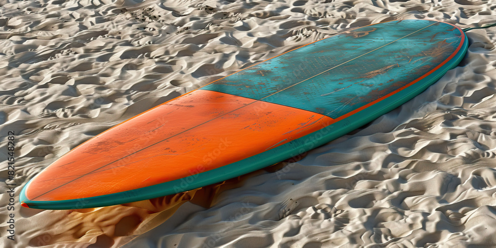Orange and teal surfboard: A surfboard with an orange bottom and teal top rests on the sand, waiting for its next ride on the waves Orange and teal surfboard: A surfboard with an orange bottom and teal top rests on the sand, waiting for its next ride on the waves