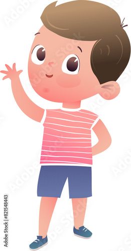 Cute little boy character design, graphic illustration of a caucasian schoolboy waving with hand. Cartoon for preschool children, male pupil mascot. Colorful isolated vector character clip art.