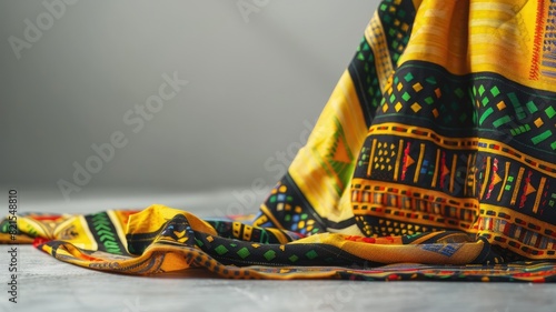 Vibrant yellow cloth with colorful geometric designs, lying gracefully on light surface