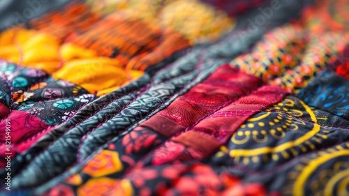 Close-up of colorful quilt with abstract patterns and textures
