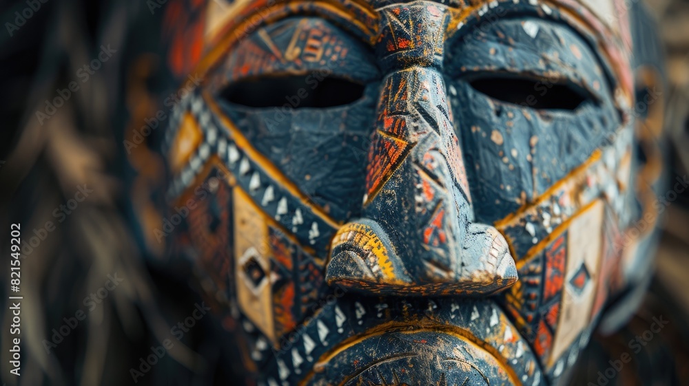 Detailed, colorful African tribal mask with intricate geometric patterns
