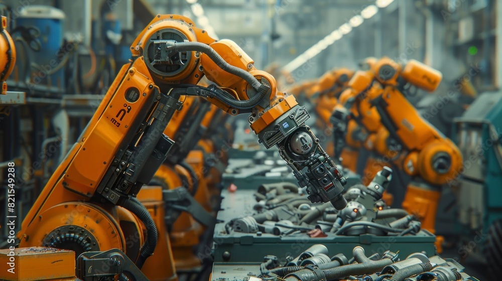 Recycling process automated by robots side view - Eco-friendly waste management with automation (advanced tone, Split-complementary color scheme) Recycling process automated by robots side view - Eco-friendly waste management with automation (advanced tone, Split-complementary color scheme)