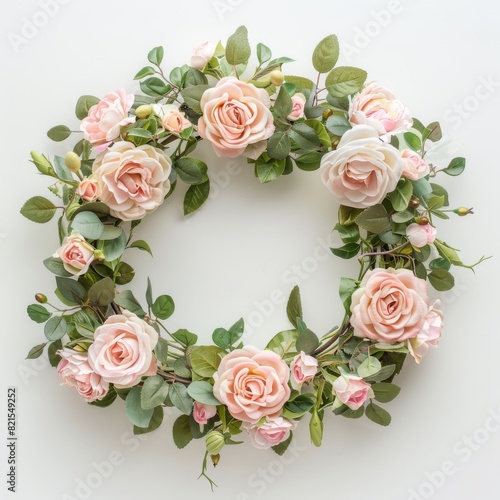 A circular wreath featuring pink and white roses with green leaves against a white background  perfect for spring or wedding themes