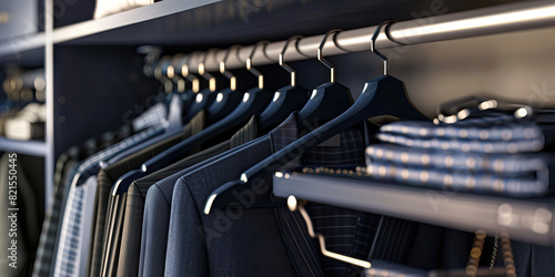 Elegant Menswear Organization: A tidy closet showcasing an array of navy blue suit hangers, neatly displaying a variety of suits and accessories. © Lila Patel