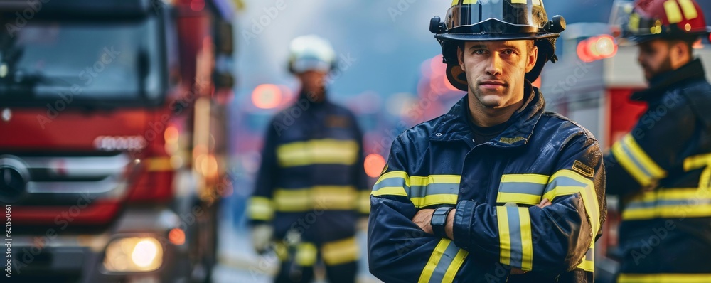 A man who works as a firefighter is ready to carry out the task of extinguishing a very large fire. with a blurred background A man who works as a firefighter is ready to carry out the task of extinguishing a very large fire. with a blurred background