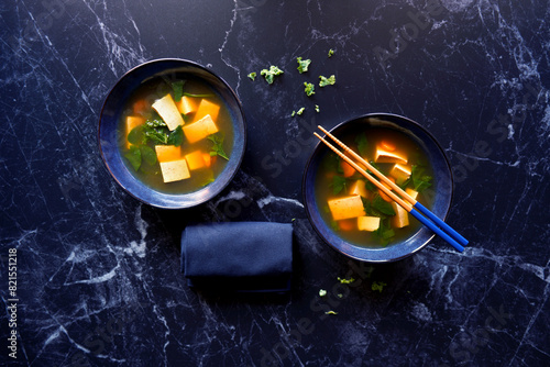 Okinawa style rustic miso soup, horizontal orientation.