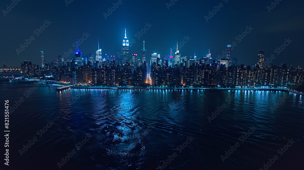 Fototapeta premium Panoramic cityscape at night with illuminated buildings reflecting in the calm water of a river