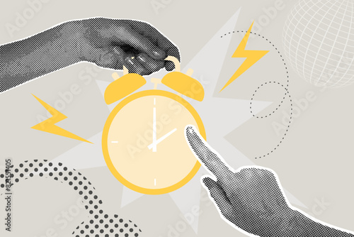 Half-tone collage.A hand holds a ringing alarm clock, the other hand shows the time. Time, Time, Hurry up. Vector business concepts for graphic and web design, business presentations, marketing