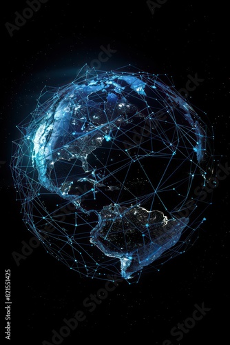 interconnected world globe showing north america, dark blue background © marco