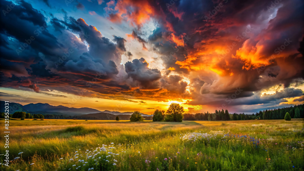 Fototapeta premium Beautiful summer landscape with a glowing sunset over a green field