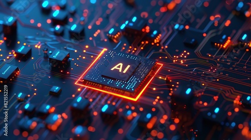 blue circuit board background with glowing elements and text "AI"