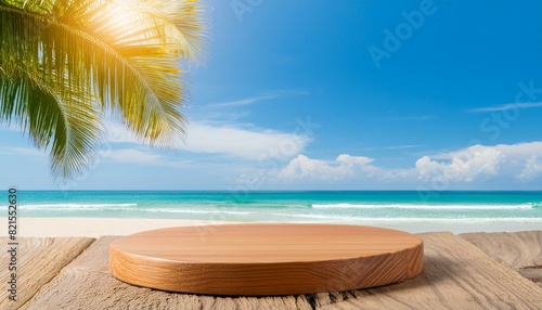 Summer product display on wooden podium at sea tropical beach © Arber