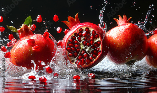 Few pomegranates falling from above into water, creating splashes and ripples and explosion of the edible arils and seeds of the fruit photo