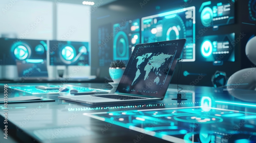Futuristic workplace with a high-tech digital interface, advanced analytics, and world map display on a sleek laptop screen. Futuristic workplace with a high-tech digital interface, advanced analytics, and world map display on a sleek laptop screen.