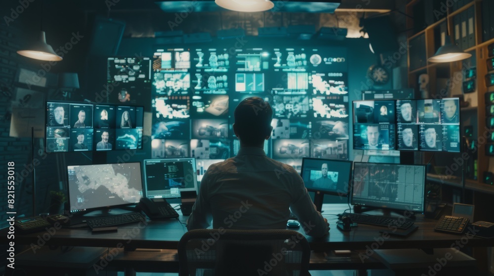 A person monitors multiple screens in a high-tech surveillance control room filled with data and images. A person monitors multiple screens in a high-tech surveillance control room filled with data and images.