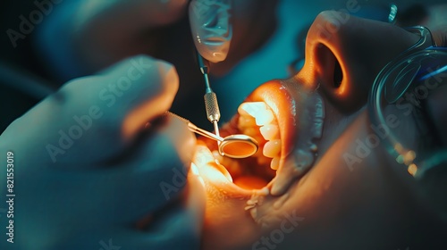 Dental patient getting dental work in the mouth close up on an implant with glowing golden light, professional photography of a high quality and depth showing the work in the style of a dental profess photo