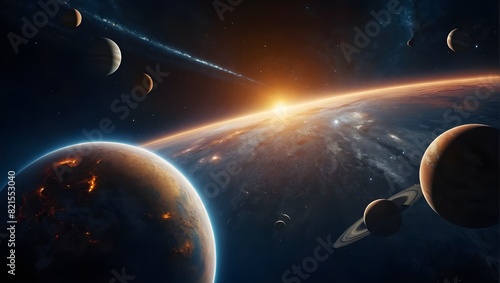 Planets orbiting a bright sun in space. Generative AI