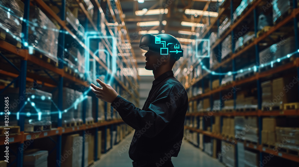 worker in modern warehouse using artificial intelligence and virtual reality based technology for management worker in modern warehouse using artificial intelligence and virtual reality based technology for management