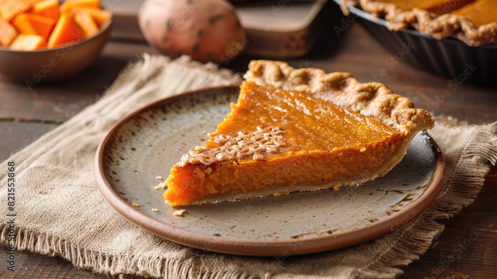 Slice of homemade pumpkin pie on rustic plate Slice of homemade pumpkin pie on rustic plate