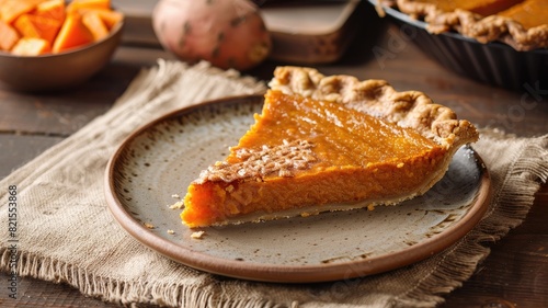 Slice of homemade pumpkin pie on rustic plate