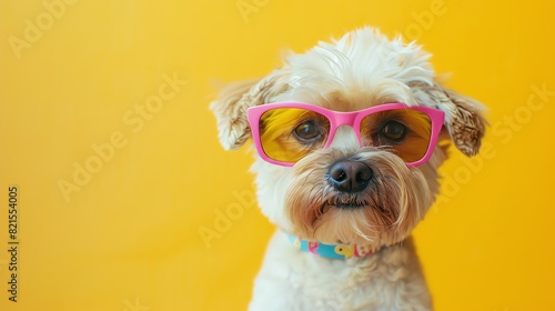 Cute dog wearing colorful summer and pink glasses, isolated on a yellow background, stock photo contest winner, award winning photography in the style of a professional with color grading, soft shadow