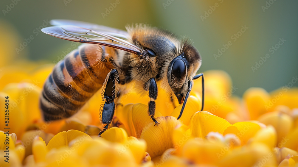 Bee collecting pollen from a yellow flower in a summery garden Bee collecting pollen from a yellow flower in a summery garden