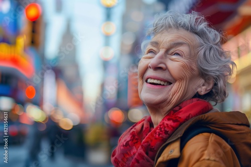 Joyful elderly Caucasian woman smiling broadly as she explores the vibrant streets of a bustling city