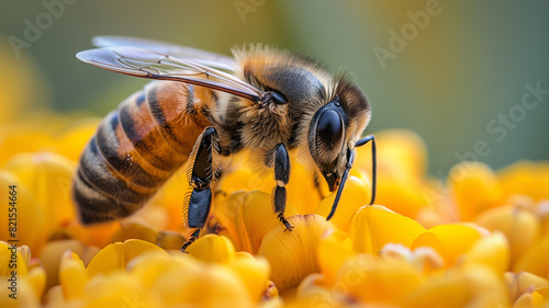 Bee collecting pollen from a yellow flower in a summery garden photo